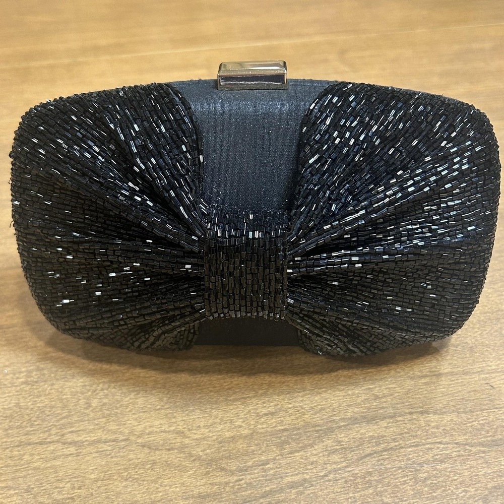 Antik‎ Kraft Clutch Bag Womens Small Black Satin Beaded Bow Evening Party Purse